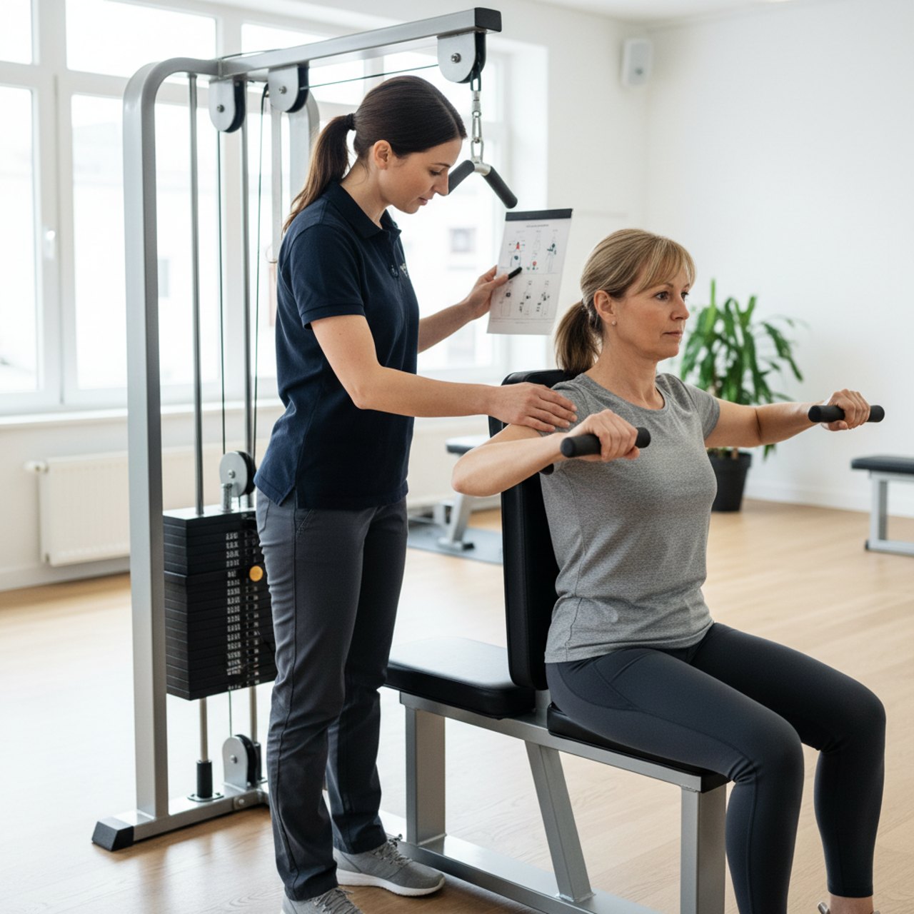 Sport- und Bewegungstherapeutin begleitet einen Teilnehmer beim T-RENA-Training in Dillenburg